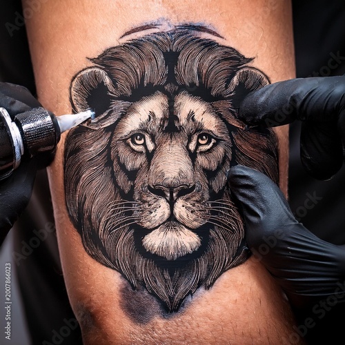 A majestic portrait of a wild male lion with its powerful mane and noble feline face, beautifully depicted as a tattoo on a human arm.