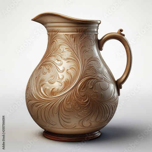 Antique brown clay pottery jug and ceramic vase container isolated on white background as handcrafted earthenware art objects for traditional decoration