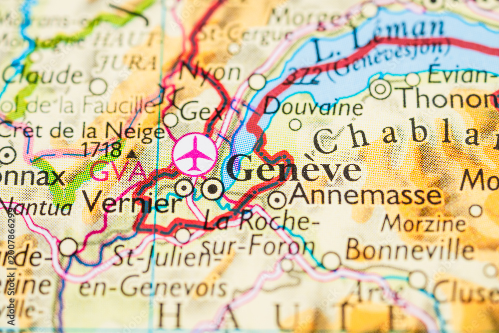 Naklejka premium Close up map of Geneva and surrounding French Swiss border region.