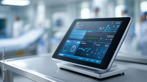 Rear view of a medical AI interface displaying patient outcome predictions on a clinical screen, predictive medicine concept, machine learning diagnostics, AI healthcare decision tool,