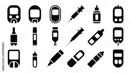 Fotografía Set of 18 Black Diabetes Medical Device Icons Vector