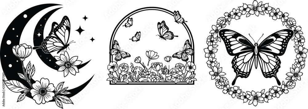 Fototapeta premium Three intricate black and white butterfly designs for tattoos or artistic prints