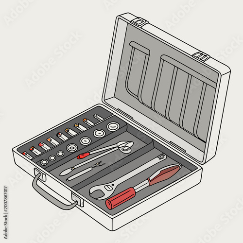 Foto Isometric view of an open professional metal toolbox containing a comprehensive