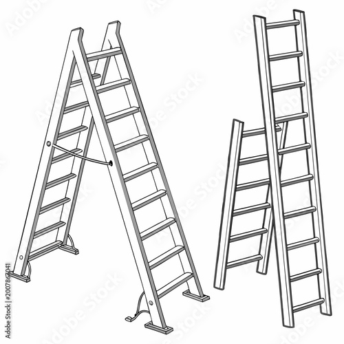 Illustration depicting two types of wooden ladders: a freestanding a-frame stepladder with a spreader bar and a tall straight extension ladder home improvement line art no people no brand