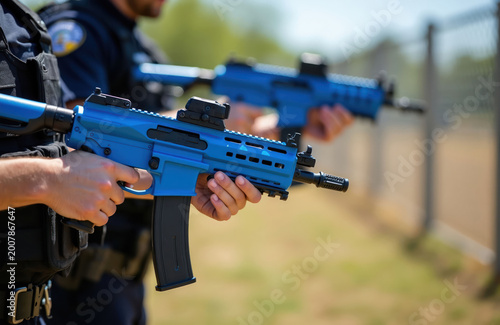 Officers practice tactics with bright blue training firearms. Cops hold replica assault rifles during outdoor shooting drill. Security forces train aim, safety drills, weapons handling.