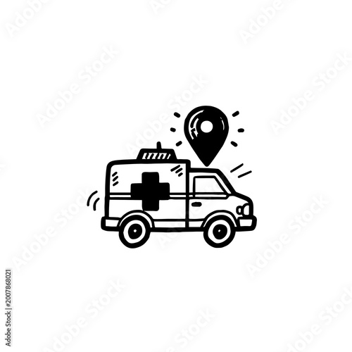 Fotografi emergency ambulance vehicle with gps location pin icon flat design illustration