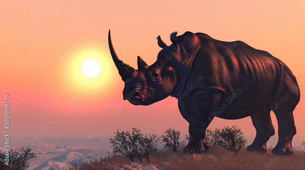 Fototapeta premium A majestic rhinoceros silhouetted against a vibrant sunset sky on the African savanna