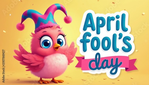 Cute pink bird wears jester hat celebrating April Fools Day with colorful background. Playful avian character waves wing, has big blue eyes, and joyful expression for holiday theme.