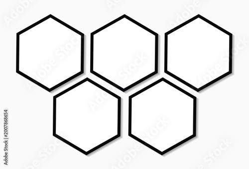 5 Polygon photo frames template of hexagon shapes with a black border in a simple clean layout. Used as a printable photo collage or a blank mock up for album pictures or photographs collection.
