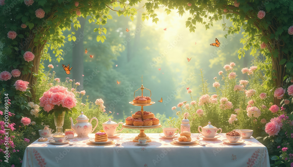 Fototapeta premium Garden tea party setting with pink roses blooming. Butterflies flutter around a table laden with pastries, tea sets, and sweets in soft sunlight. Whimsical forest backdrop with green foliage.