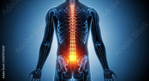 3d human skeleton with glowing lower back pain highlighted in dark blue background