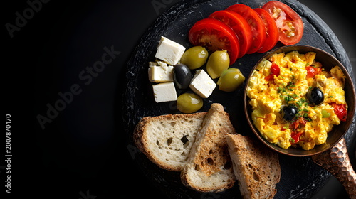 scrambled eggs with tomatoes and olives