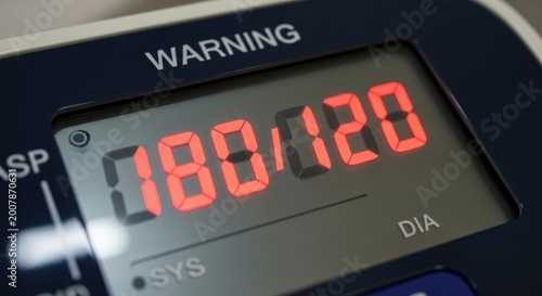 Digital display showing systolic and diastolic blood pressure, measuring circulatory tension, arterial vascular health, hypertension risk, medical condition monitoring