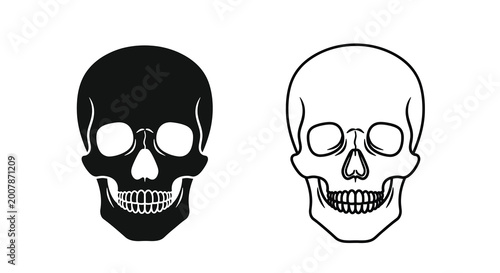 Two skull illustrations a black silhouette and a white line drawing