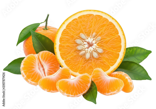 Fresh mandarin orange fruit sliced in half with leaves and segments isolated on transparent background