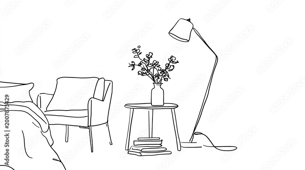 Fototapeta premium Minimalist line drawing illustrates a cozy reading nook adjacent to a sleeping area
