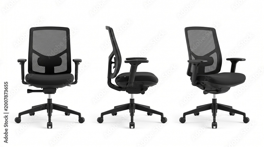 Obraz premium Three modern ergonomic office chairs displayed in various perspectives provide comfortable seating solutions for professional workspaces and home offices.