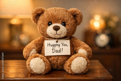 Teddy Bear Gift for Fathers Day, Hugging You Dad Message, Plush Toy with Affection and Love, Childhood Nostalgia, Warmth and Family Greeting Sentiment on Wooden Table with Bokeh Background