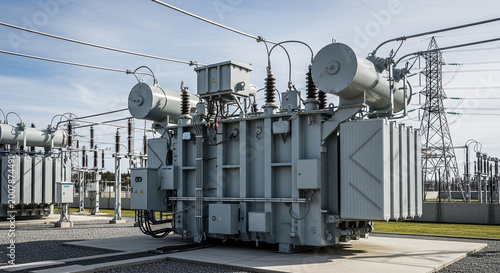 Electrical substation with large gray transformer and power lines