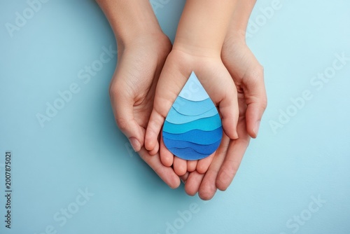 Hands holding a layered blue water droplet on a light blue background
