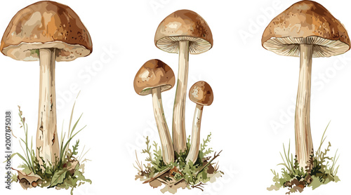 Watercolor Brown Forest Mushrooms Set — Botanical Woodland Clipart Illustration