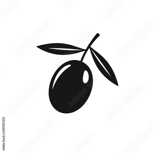 Black olive icon with leaves, symbolizing Mediterranean diet, healthy food, olive oil, cooking ingredients, and gourmet cuisine. Perfect for food blogs, recipe sites, restaurant menus, and organic bra