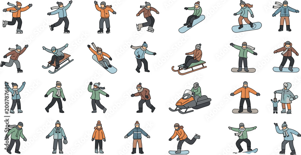 Fototapeta premium Winter Sports and Activities Icon Set with Kids and Adults Skiing, Snowboarding, Sledding, and Snowmobiling for Seasonal Design Projects