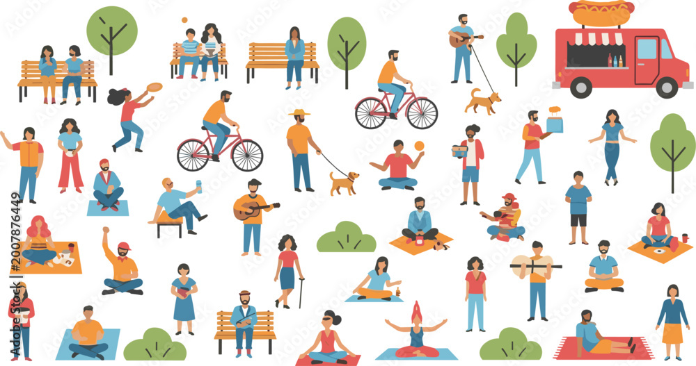 Fototapeta premium Outdoor City Park People Scene Set with Picnic, Cycling, Guitar, Yoga, Dog Walking, and Food Truck Flat Design Vector Illustrations