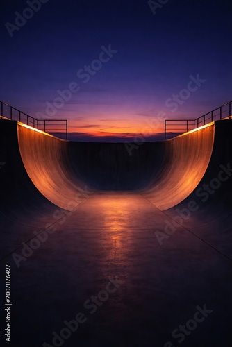 Skatepark Halfpipe Ramp at Sunset, Urban Extreme Sport Skating Recreation, Twilight Dusk Gradient Horizon, Architecture Lifestyle Background