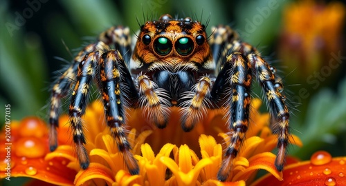 Macro photography of a colorful jumping spider on orange flower with water droplets