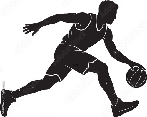 Foto Black silhouette of a male basketball player dribbling a ball in motion, isolate