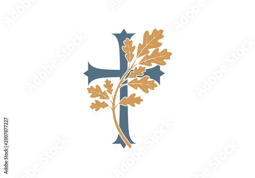 Blue Christian cross with golden oak branch on white