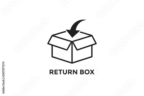 Vector icon of an open cardboard return box with a downward curving arrow symbolizing product returns, package drop-off, shipping, logistics, e-commerce, customer service, refund processes, online sho