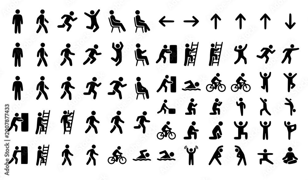 Fototapeta premium Modern person icon collection with movement walking running and human activity vector symbols
