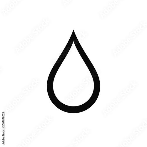 A sleek, minimalist black outline of a water droplet on a pure white background, symbolizing purity, hydration, freshness, and essential liquids. Perfect vector icon for health, wellness, nature, and