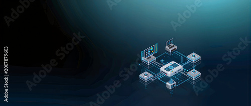 Digital network with interconnected devices, showcasing technology and automation