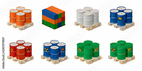 colorful chemical drums on wooden pallets isometric illustration