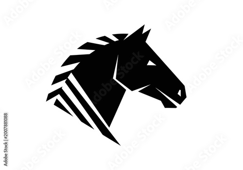 Minimalist geometric black horse head logo on white background