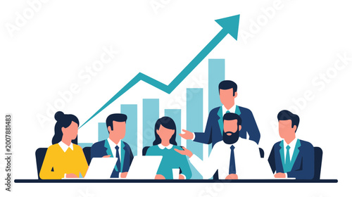 Diverse business team analyzing upward growth chart during a successful strategic meeting.