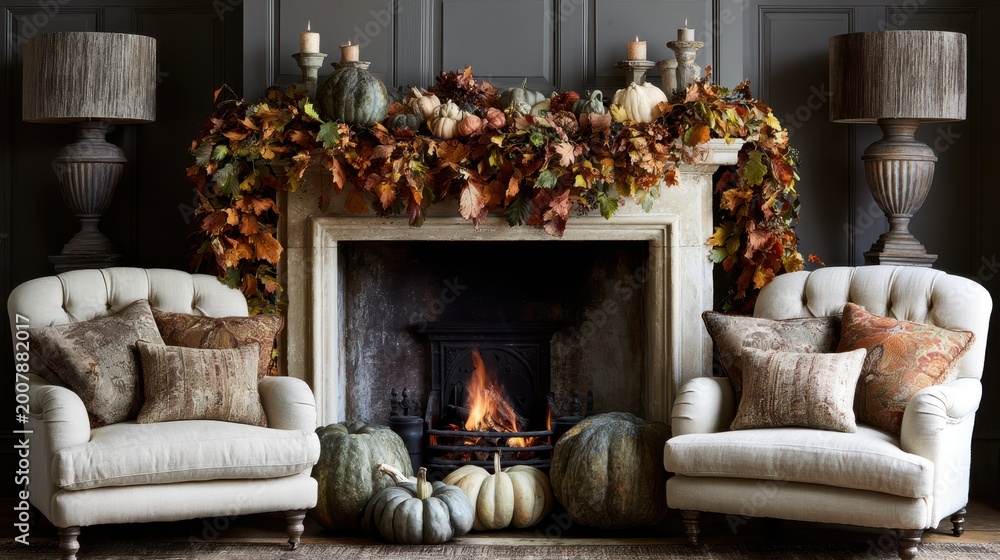 Fototapeta premium Cozy autumn living room with fireplace, pumpkins, and fall foliage decor
