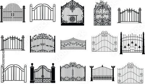 Fotografie Collection of wrought iron gate designs and silhouettes with black and white sil