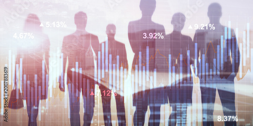 Digital financial graphs and charts overlay, market analysis, data visualization technology concept.