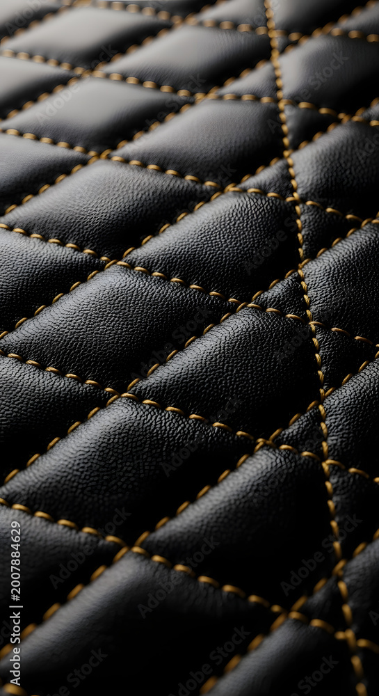 Fototapeta premium Macro view of black diamond quilted leather with yellow decorative stitching