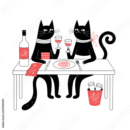 Bild auf Leinwand Romantic Cats Dinner Wine Line Art Illustration Design