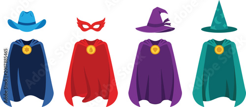 Set of colorful superhero capes with masks and hats for kids costume party and fun dress up games for halloween celebration