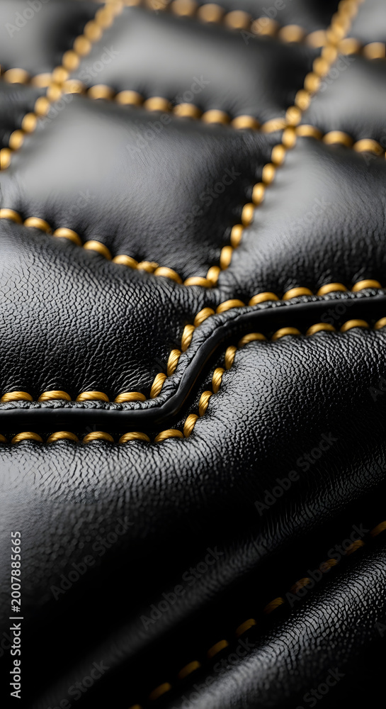 Fototapeta premium Black quilted leather texture with elegant gold stitching in macro close up