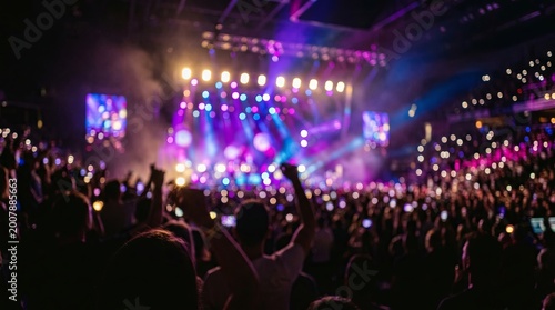 Blurred concert stage background with neon lights and bokeh atmosphere