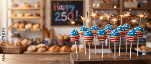 4th July 250 anniversary festive American flag cupcake cake pops with sparklers on bakery display tray, copy space. Semiquincentennial