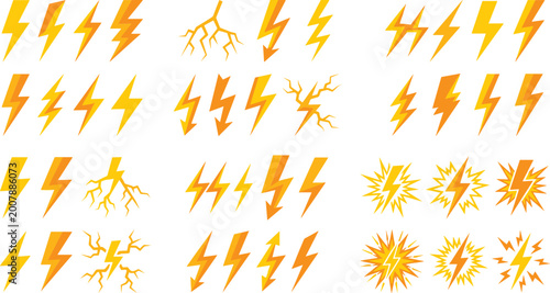 Slika na platnu Lightning bolt collection with various yellow electric flash symbols and weather