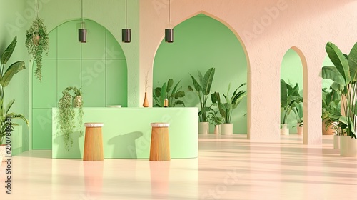 Contemporary reception area with lush plants and soft lighting.